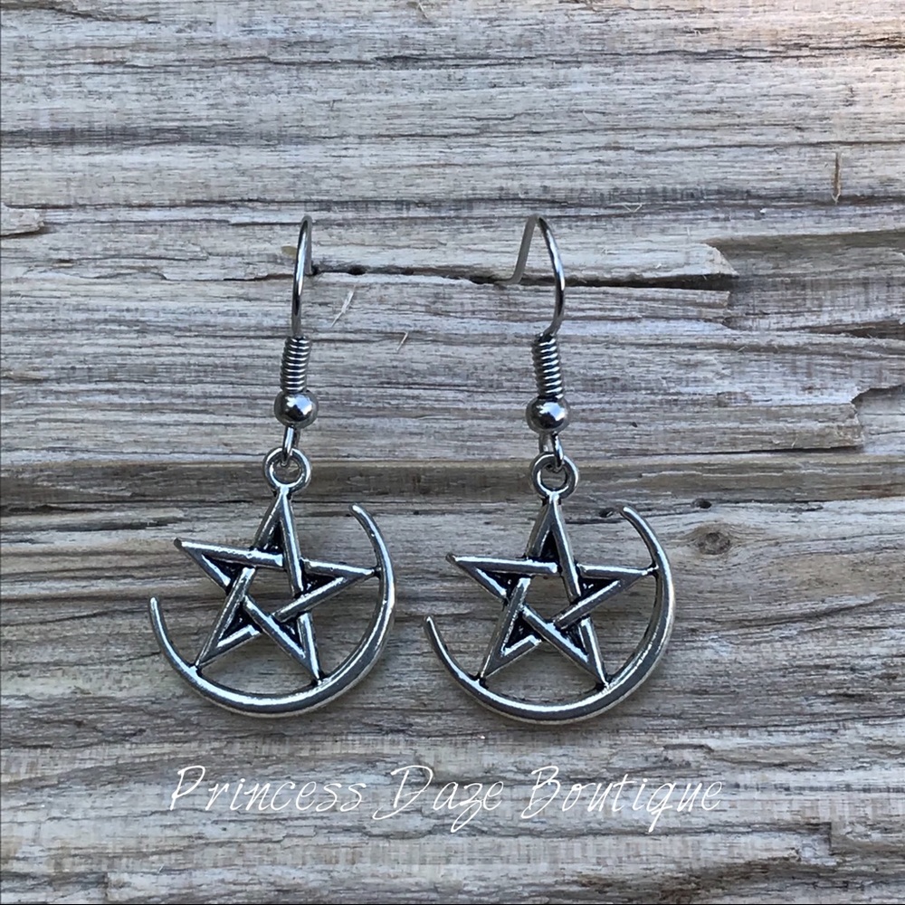 Moon & Star Pentagram Dangle Earrings